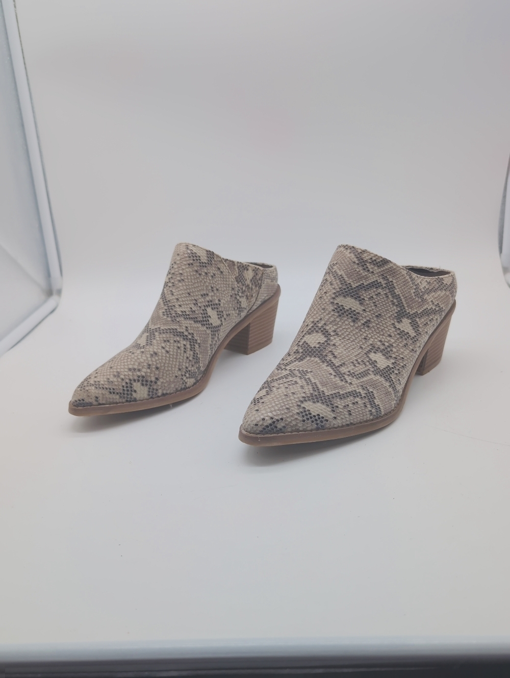 Rampage York Sz 8.5 Women's Snake-Print Pointed Toe Mule Heels - Beige